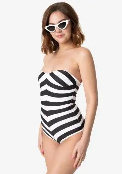Barbie X Unique Vintage Black & White Chevron Stripe One Piece Bathing Suit
